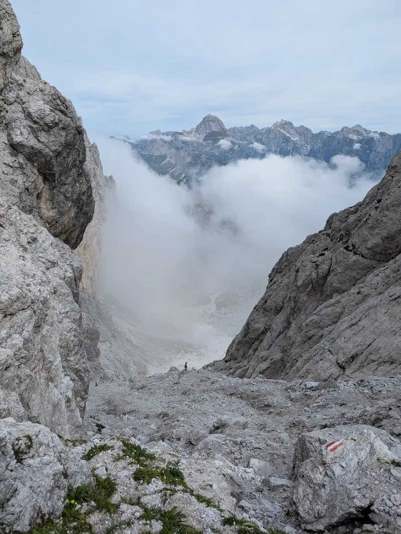 Going down, here starting nasty descent below Forcella del Vallone saddle. Here pay the most attention, lots of loose rock material.