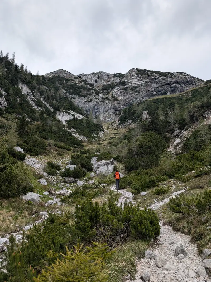 After we enter higher threshold of the valley the path gets more pleasant, nothing is eroded. Steepness will rise again on approaching Kokra saddle.