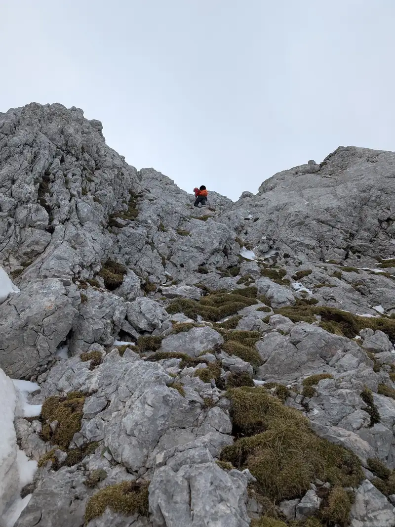 Most vertical and only spot when we need to really use our hands. Nothing exceeding I grade of climbing.