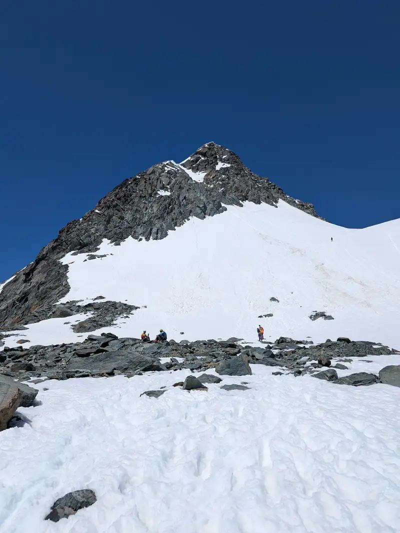 Snow field below Kleinglockner descent route, protection posts can still be seen.