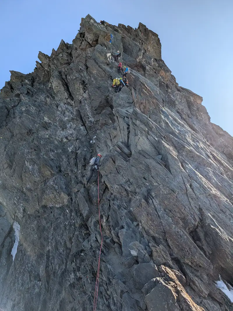 Difficulties tigthen up which can be told by congestion of climbers.