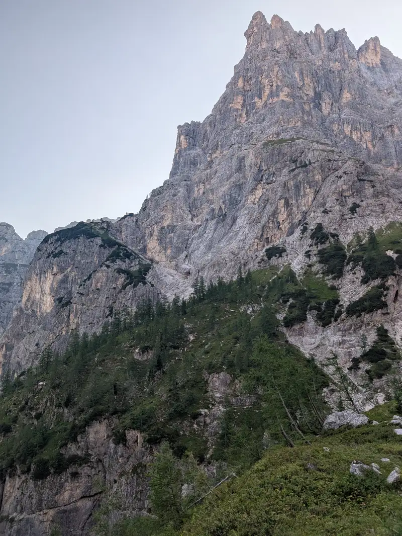 Carlo Chersi path traversing western walls of Cima de Lis Codis. After reaching that green culmination with trees we need to descend again and head for another similar. 