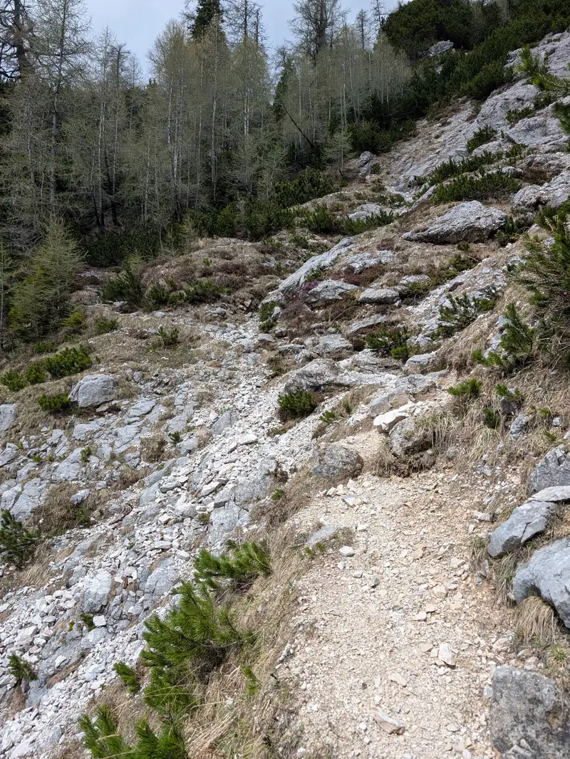 Trail above dry river beds crossing.