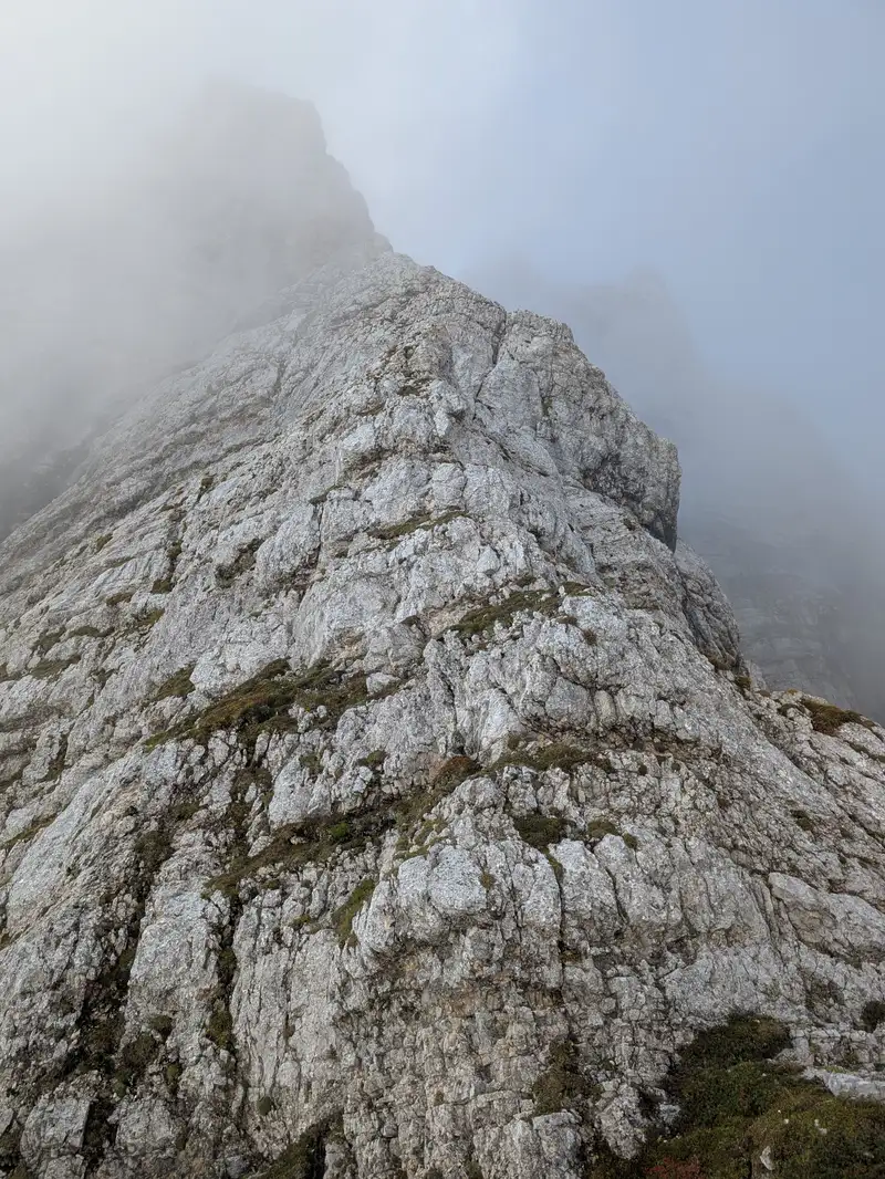 First pitch. Topo said on the right but the rock is better along the edge although maybe slightly more difficult (II+)