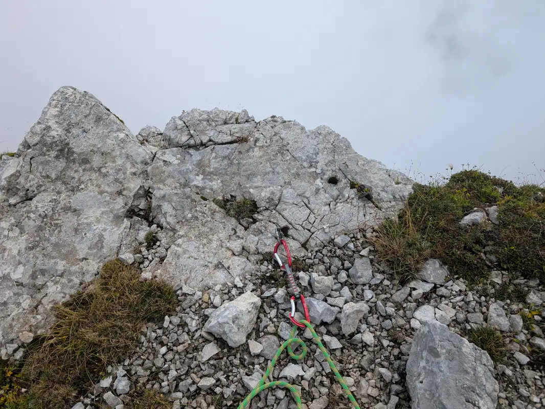 Pittons in the slab, no need to worry for side pull if first climber drops ;-)