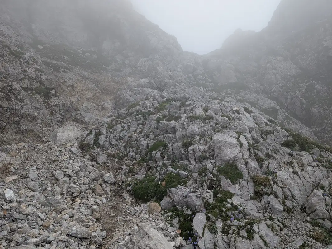 Terrain about 100 meters below Storžič peak, descending in the direction of Škarjev rob. Brittle world complicates descent, helmet and extra caution necessary.