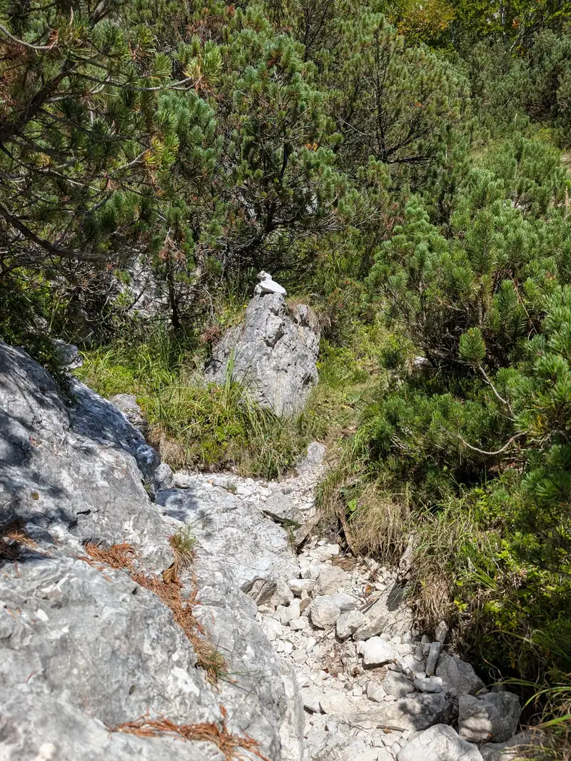 Normal route in lower parts marked with cairn.